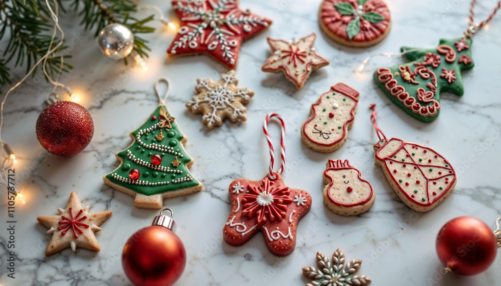 Obraz premium Christmas Cookies in the Shape of Christmas Ornaments Laying on White Marble Surface