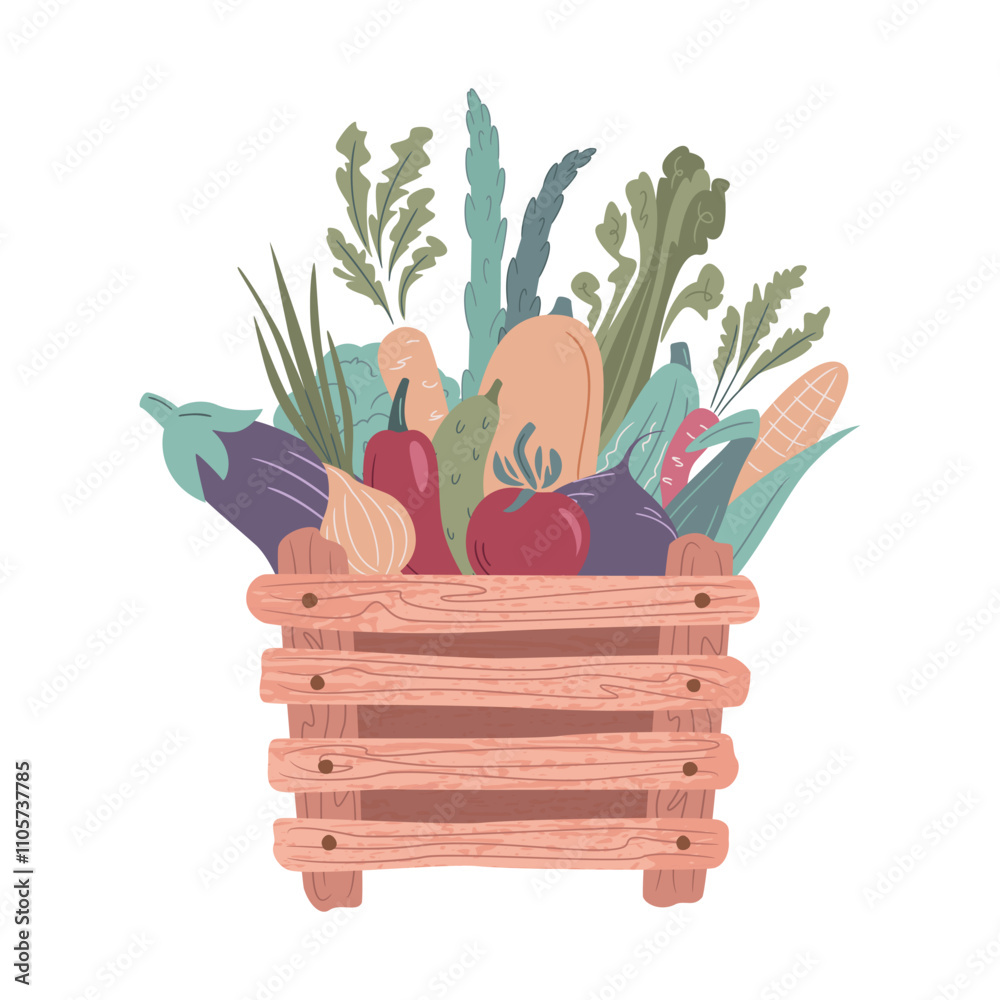 Wooden box with garden vegetables. Healthy food concept. Fresh farm products. Vector illustration of organic food. Grocery products in eco package. Local market, autumn harvest Wooden box with garden vegetables. Healthy food concept. Fresh farm products. Vector illustration of organic food. Grocery products in eco package. Local market, autumn harvest