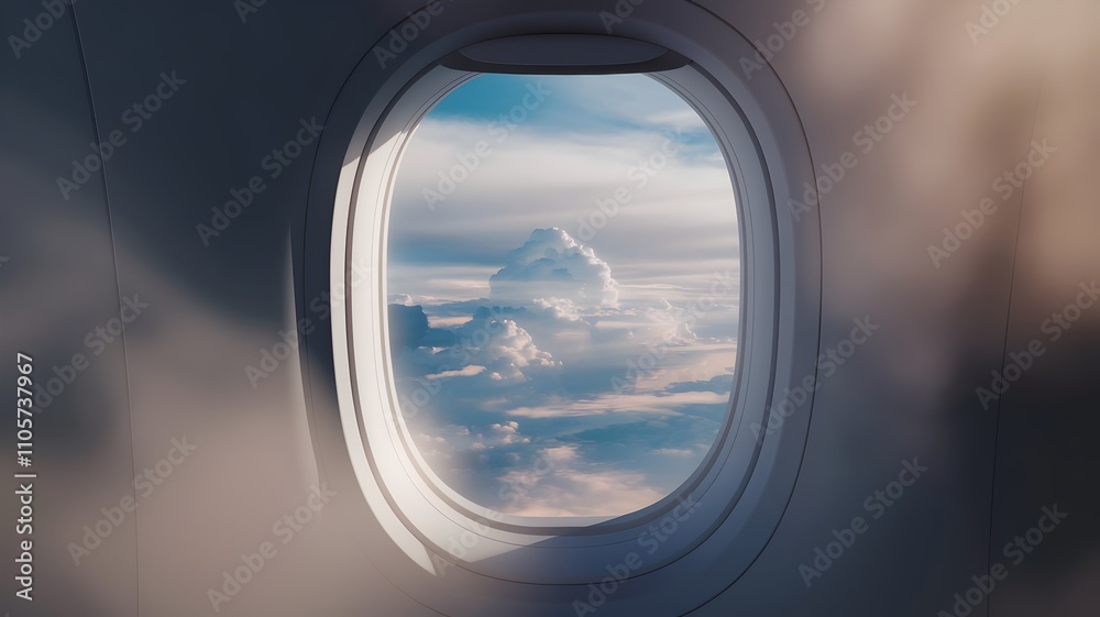 3D render of an airplane window with clouds and horizon view 3D render of an airplane window with clouds and horizon view