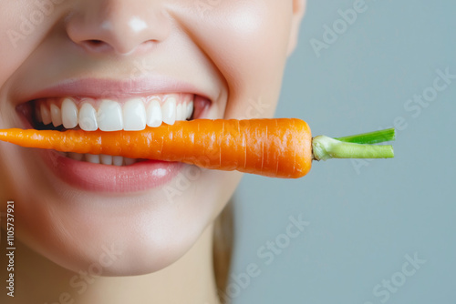 Woman with carrot in her teeth photo