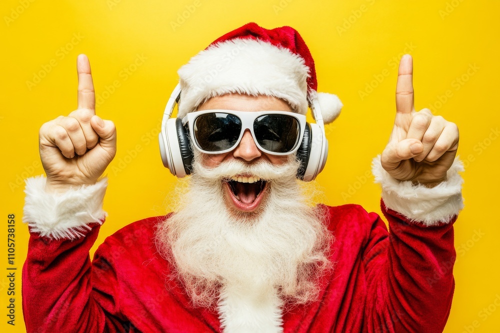 Nightclub invitation for a Christmas party, where a funky, crazy Santa Claus, complete with a white headset, sings along to a catchy song soundtrack. Attendees can listen to the music and dance, all Nightclub invitation for a Christmas party, where a funky, crazy Santa Claus, complete with a white headset, sings along to a catchy song soundtrack. Attendees can listen to the music and dance, all
