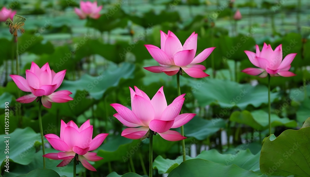Blooming pink lotus flowers in a serene garden. Blooming pink lotus flowers in a serene garden.