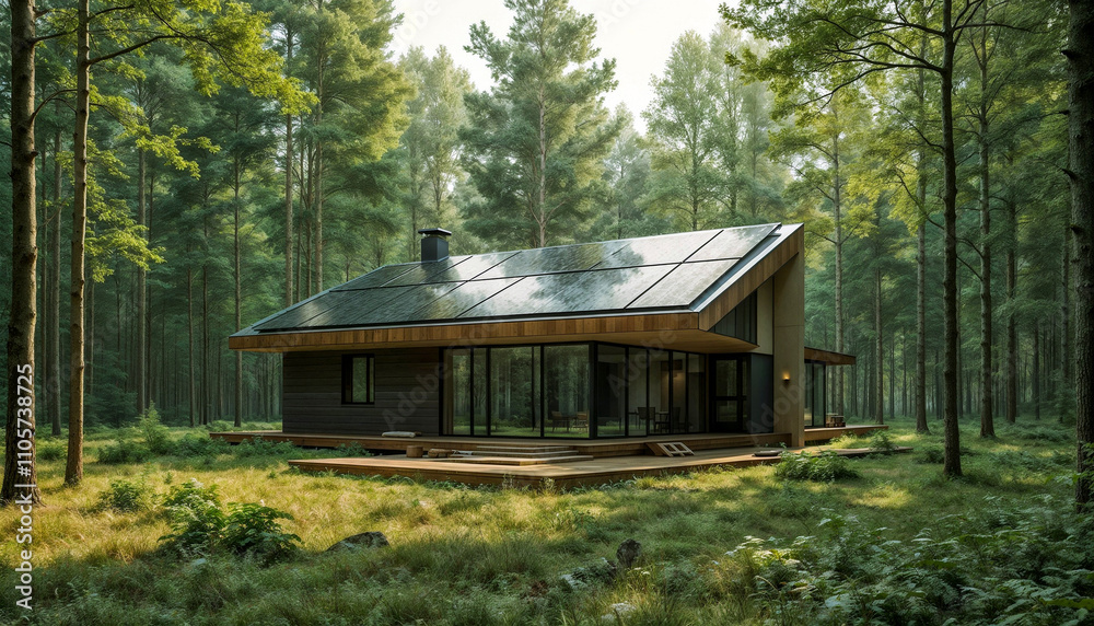 Minimalist Modern Home With Large Glass Windows Surrounded By Dense Forest Trees, Featuring A Solar Panel Roof For Sustainable Living In Nature Minimalist Modern Home With Large Glass Windows Surrounded By Dense Forest Trees, Featuring A Solar Panel Roof For Sustainable Living In Nature