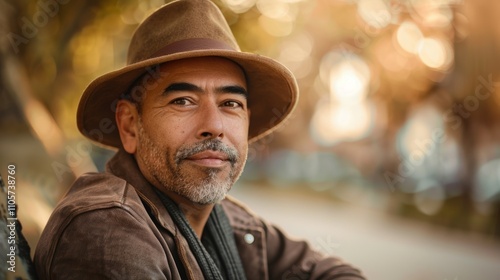 The image depicts a man wearing a hat sitting in a relaxed pose.