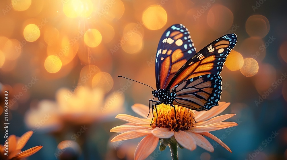 Vibrant Monarch Butterfly Resting on Bright Flower Intricate Wing Patterns Glowing in Sunlight Vibrant Monarch Butterfly Resting on Bright Flower Intricate Wing Patterns Glowing in Sunlight