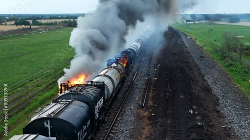 A burning train. Oil or toxic chemicals leak and ignite. Acrid smoke is released into the atmosphere. A train fire erupts, leaking toxic substances and creating a thick, hazardous cloud of smoke.