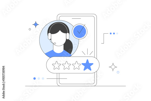 Customer feedback and user experience. Character giving review to customer service operator. Satisfaction rating and filling survey form. Flat Cartoon Vector Illustration, icon. Stylish abstract