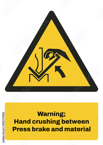 ISO warning safety signs sentence case text_warning ; hand crushing between press brake and material_portrait size a4/a3/a2/a1	
