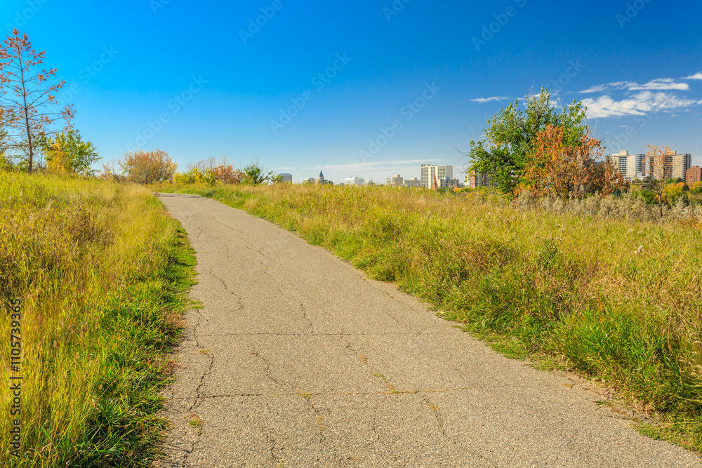 Obraz premium A dirt road with a city in the background