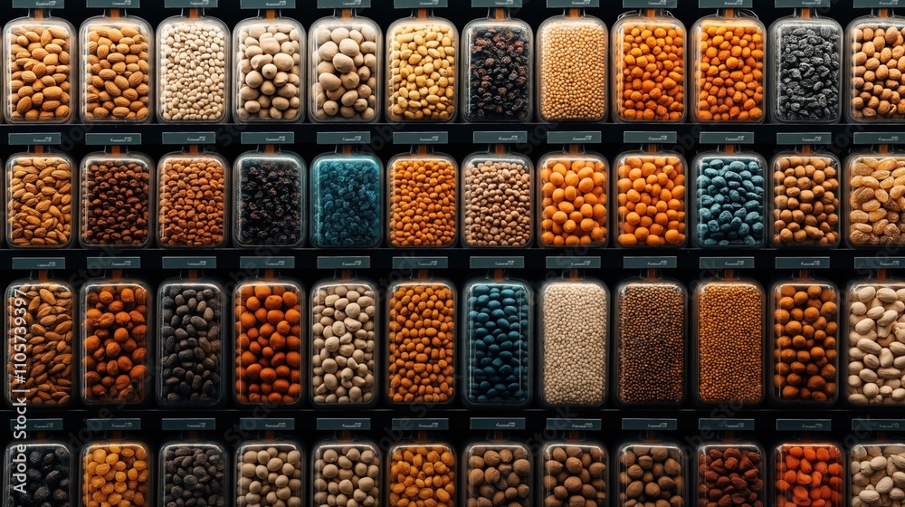 custom made wallpaper toronto digitalAssorted collection of nuts, seeds, and dried goods in transparent jars arranged on shelves in a grocery or specialty food store.