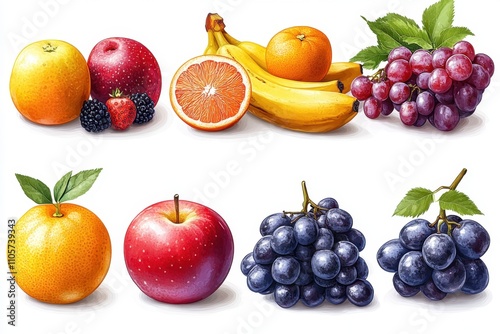 A set of various random fruits in full detail, isolated on a transparent background The collection includes a variety of apples, bananas, oranges, and grapes, each with vivid colors and textures 