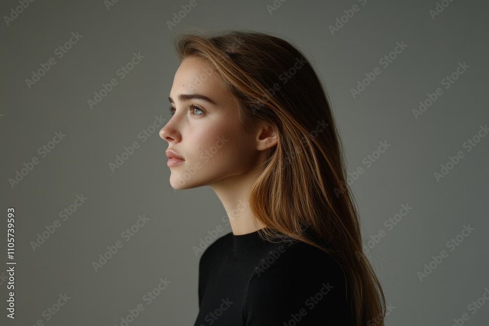 Young caucasian female in profile view against gray background. Young caucasian female in profile view against gray background.