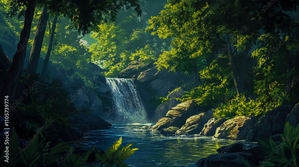 Rocky river surrounded by lush trees Rocky river surrounded by lush trees