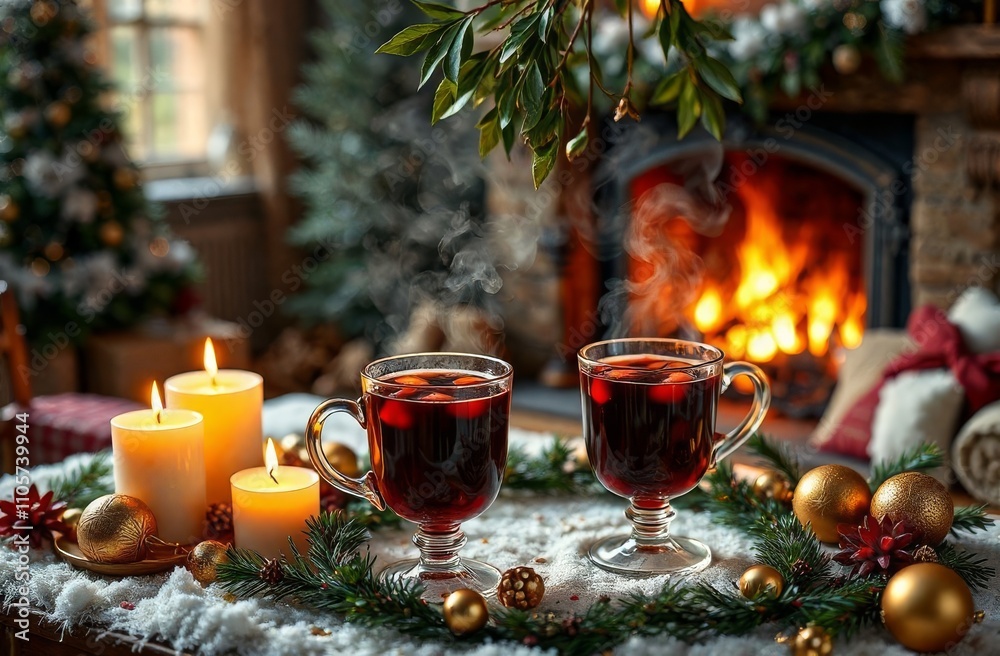 A cozy winter scene with two steaming glasses of mulled wine on a table adorned with candles, pine branches, and gold ornaments. A roaring fireplace and mistletoe create a warm, romantic ambiance A cozy winter scene with two steaming glasses of mulled wine on a table adorned with candles, pine branches, and gold ornaments. A roaring fireplace and mistletoe create a warm, romantic ambiance