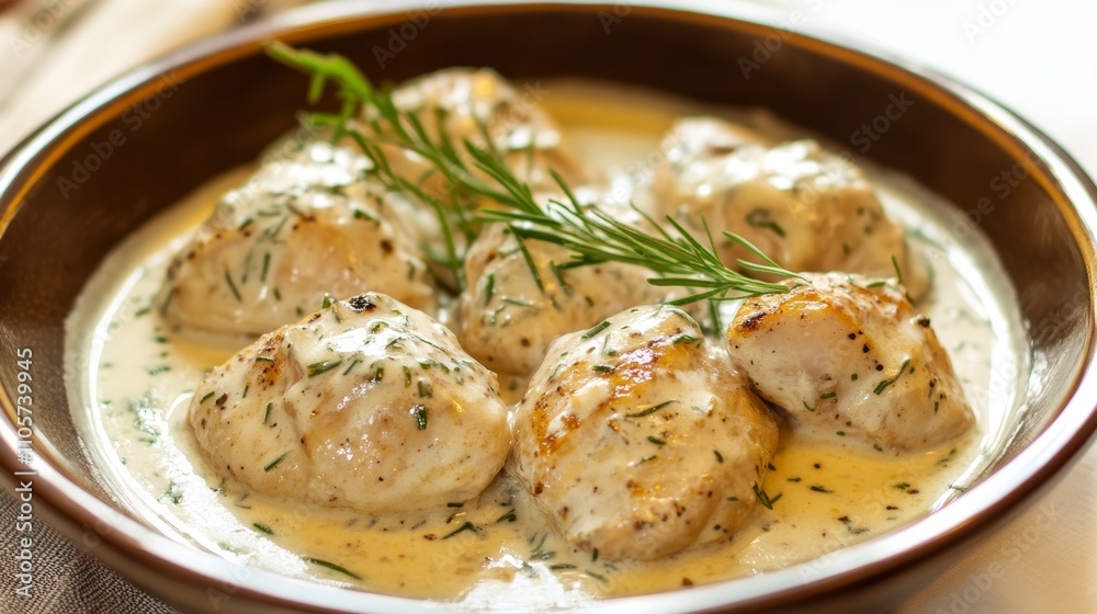 Creamy dill chicken in a rustic bowl for a delicious meal Creamy dill chicken in a rustic bowl for a delicious meal