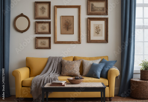 A modern living room with a yellow fabric sofa against a soft colour wall featuring vertical poster frames in wooden frame borders 3d illustration template mock-up design.