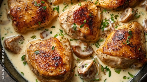 Delicious chicken thighs in creamy mushroom sauce with fresh herbs