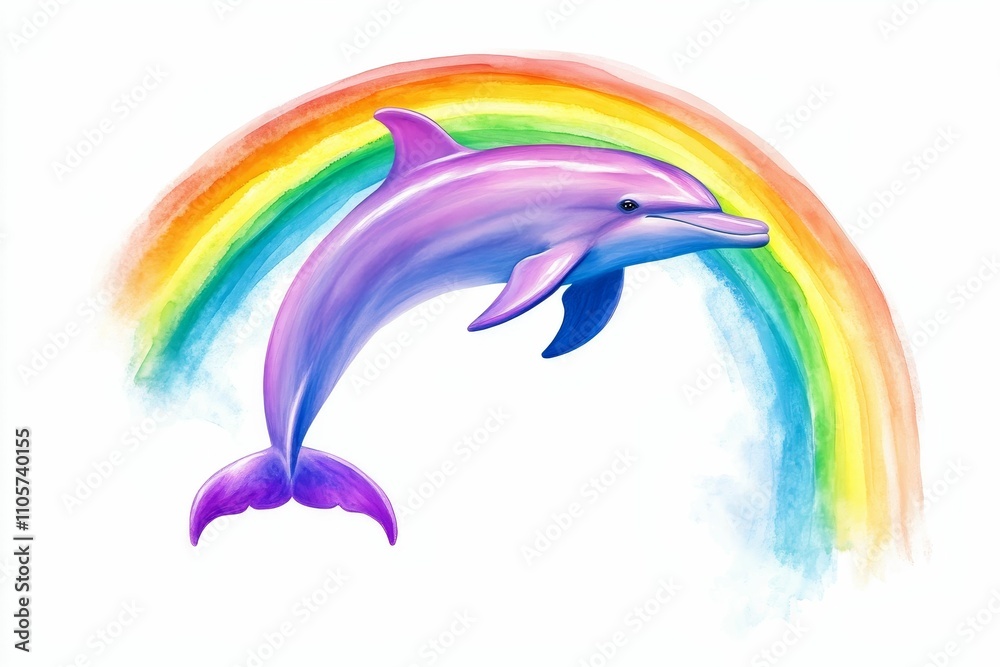 Naklejka premium Purple dolphin leaps; rainbow watercolor background.