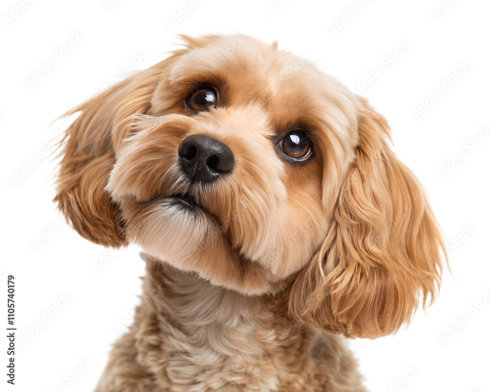 Cute Cavapoo dog portrait isolated on white background. Cavapoo headshot on white background Cute Cavapoo dog portrait isolated on white background. Cavapoo headshot on white background