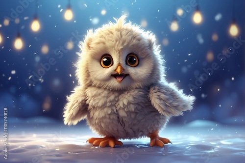 Cute Owl Chick Playing in a Snow Blanket with Enchanted Eyes and Fluffy Feathers