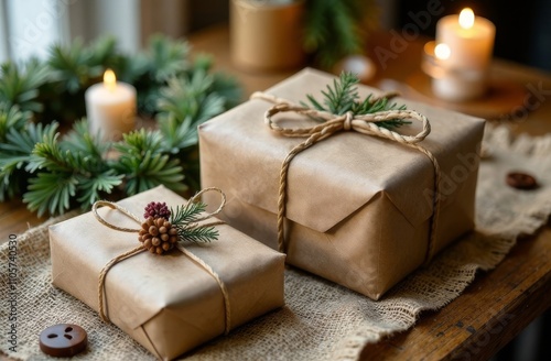 A minimalist display of eco-friendly Christmas gifts wrapped in kraft paper with jute twine, surrounded by fir branches, acorns, dried red berries, and glowing string lights on a snowy wooden table