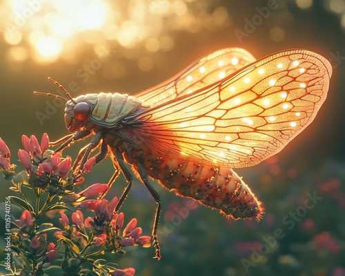 Glowing Cicada Perched on Tree Branch Signaling Summer s Arrival photo