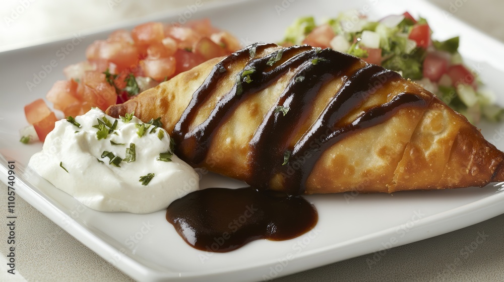 Crispy samosa with savory sauce and fresh garnishes Crispy samosa with savory sauce and fresh garnishes