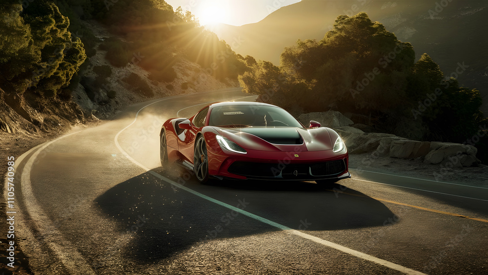 Modern red car on the road with background sunlight