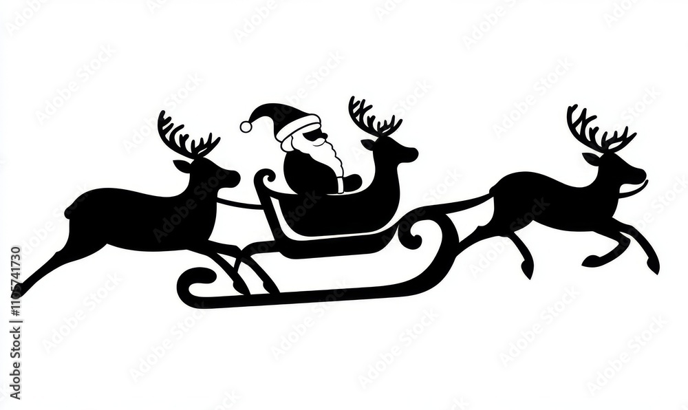 Fototapeta premium Silhouette of Santa Claus with his carriage and deer in a modern style