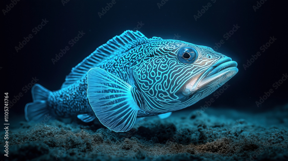 Glowing fish with intricate bioluminescent patterns swimming over a sandy ocean floor in a dimly lit underwater environment Glowing fish with intricate bioluminescent patterns swimming over a sandy ocean floor in a dimly lit underwater environment
