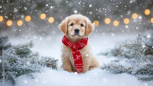 Fluffy Golden Puppy in Snow with Cozy Red Scarf