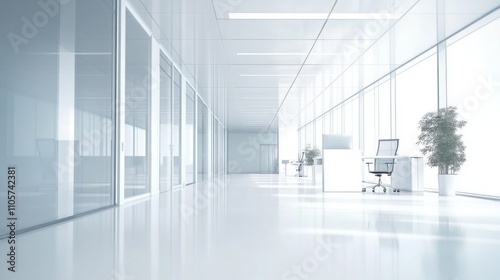 Clean office space with white walls and floors.