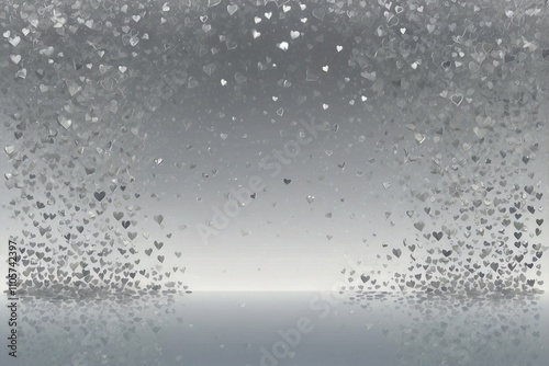 Romantic Background with Hearts in Silver-Grey Tones, Adorned with Silver Rain