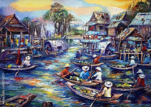 hand drawn art painting oil color floating market dumnoen saduak from thailand