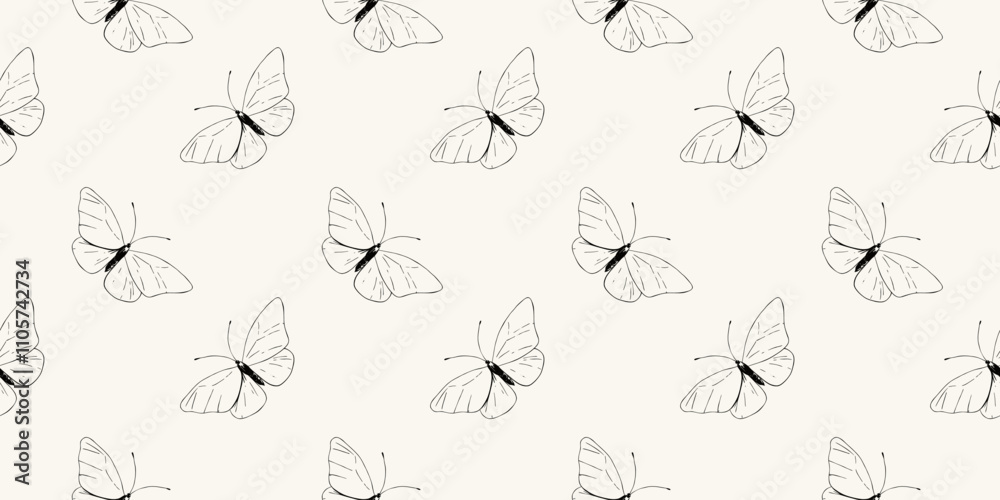 Fototapeta premium Thin Line art butterfly Repeating pattern trend vintage style background 