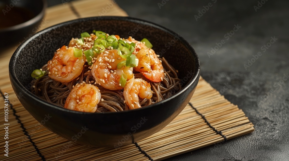 Soba Noodles with Tempura Shrimp in Black Bowl on Bamboo Mat Soba Noodles with Tempura Shrimp in Black Bowl on Bamboo Mat