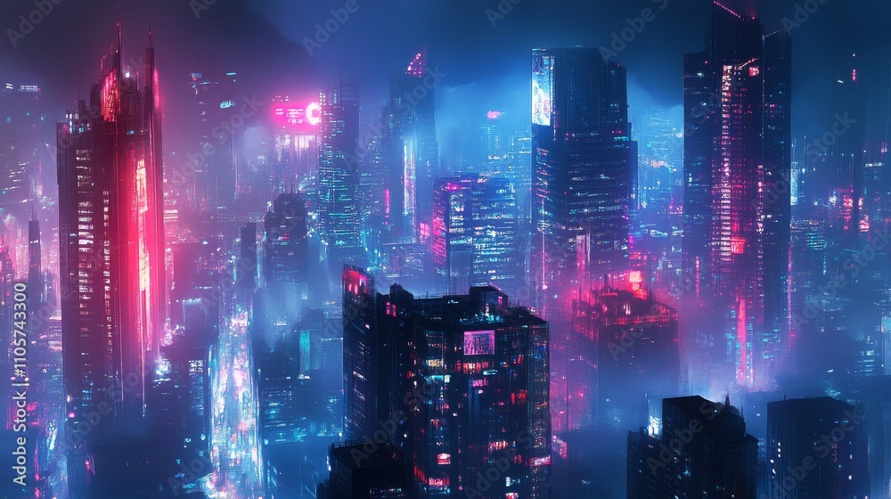 A vibrant, futuristic cityscape illuminated by neon lights amidst a misty atmosphere.