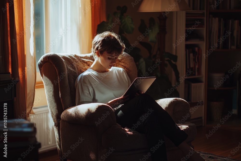 Obraz premium Young caucasian female reading tablet in cozy room with natural light.