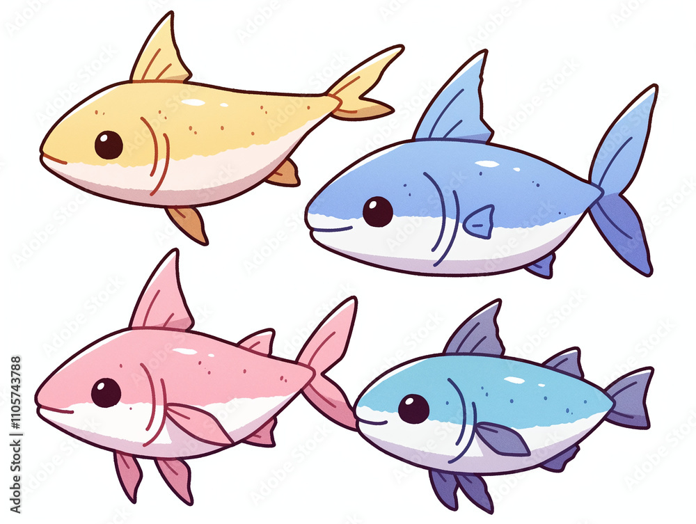 Fototapeta premium Four Cute Cartoon Fish Illustration