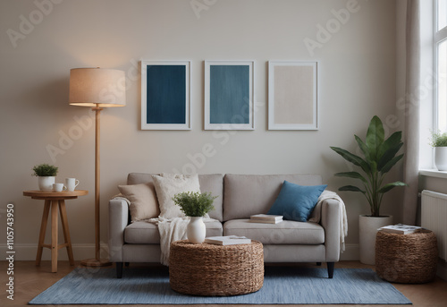 A modern living room with a white colour fabric sofa set against a soft-white colour wall featuring vertical poster frames in wooden frame borders 3d illustration template mock-up design.