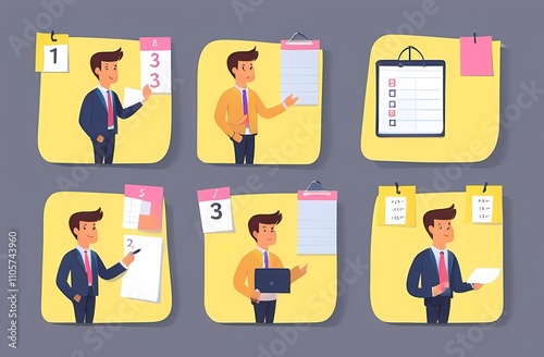  Set work priority, arrange to do list which job to do before and after, task management concept, young entrepreneur businessman manage to prioritize sticky note with number first, second and third. photo