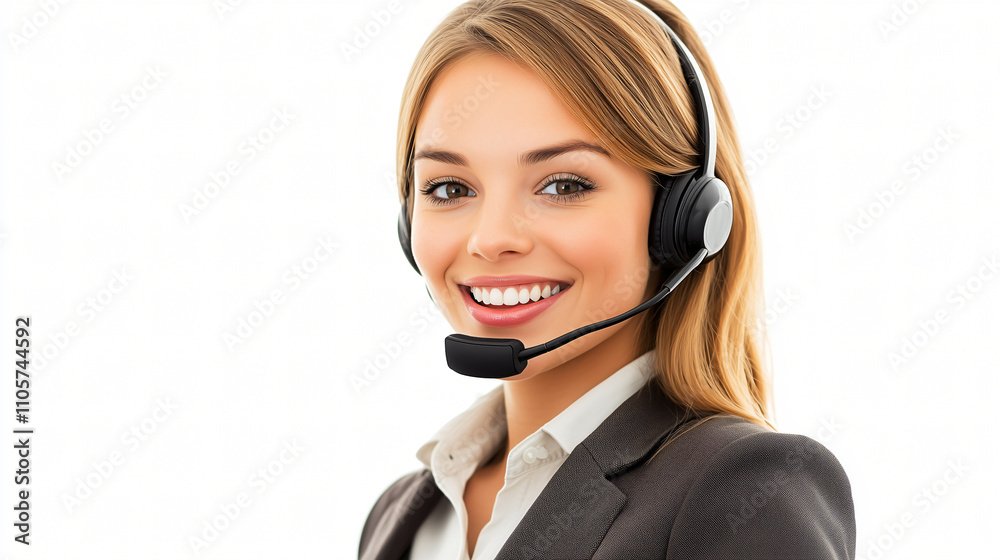 Smiling woman in business attire wearing a headset, portraying customer service or call center representative Smiling woman in business attire wearing a headset, portraying customer service or call center representative