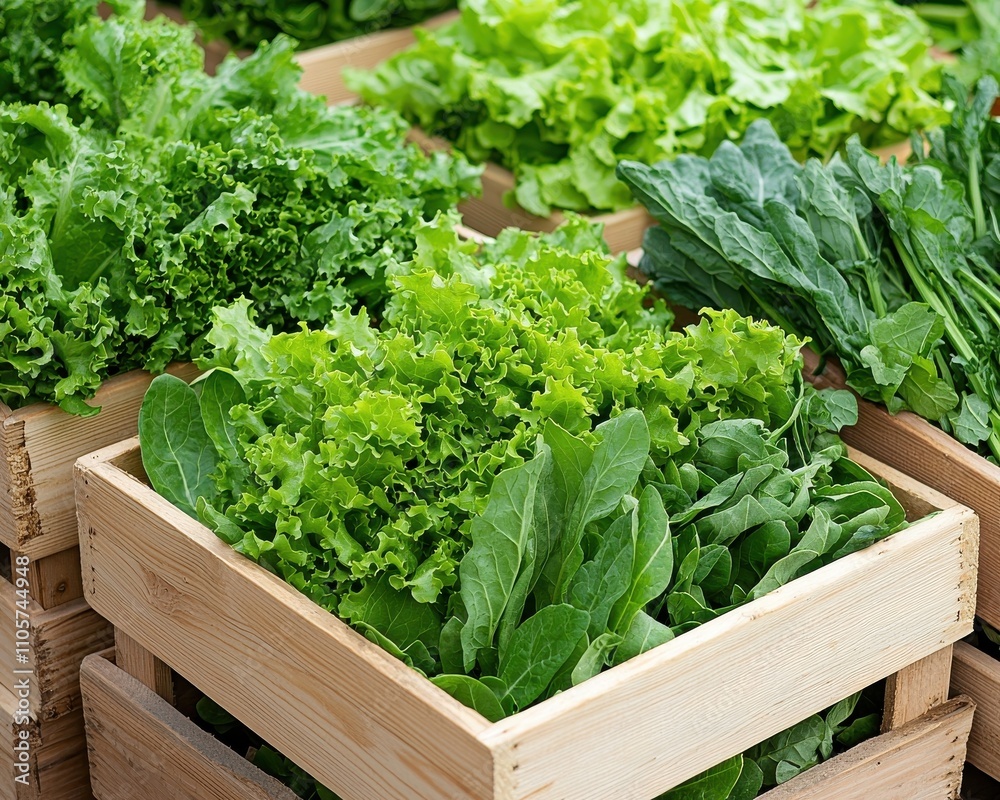 Fresh Green Leafy Vegetables in Wooden Crates at Farmers Market Fresh Green Leafy Vegetables in Wooden Crates at Farmers Market
