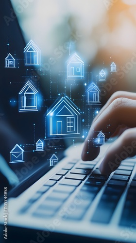 A digital collage of icons representing real estate marketing, such as houses and laptops, with hands typing on a keyboard in the foreground