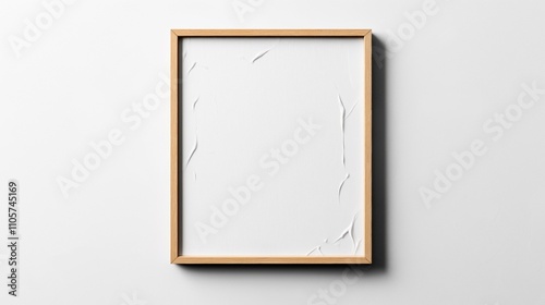 Minimalist wooden frame hanging on a white wall with an empty white canvas inside, showing subtle wrinkles on the fabric surface.