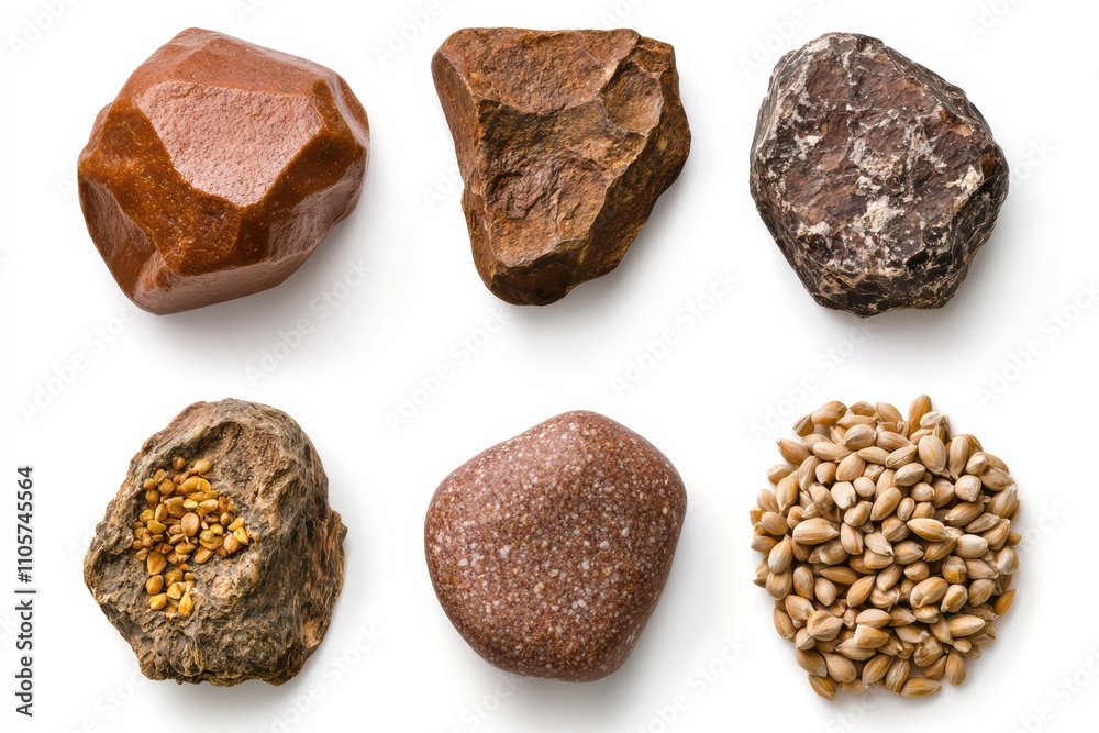 Collection of various natural stones and seeds on a white isolated background. Collection of various natural stones and seeds on a white isolated background.