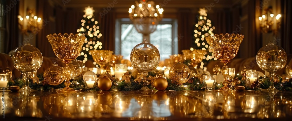 Luxurious Christmas Eve Dinner Table Setting with Gold Ornaments and Candlelight Luxurious Christmas Eve Dinner Table Setting with Gold Ornaments and Candlelight