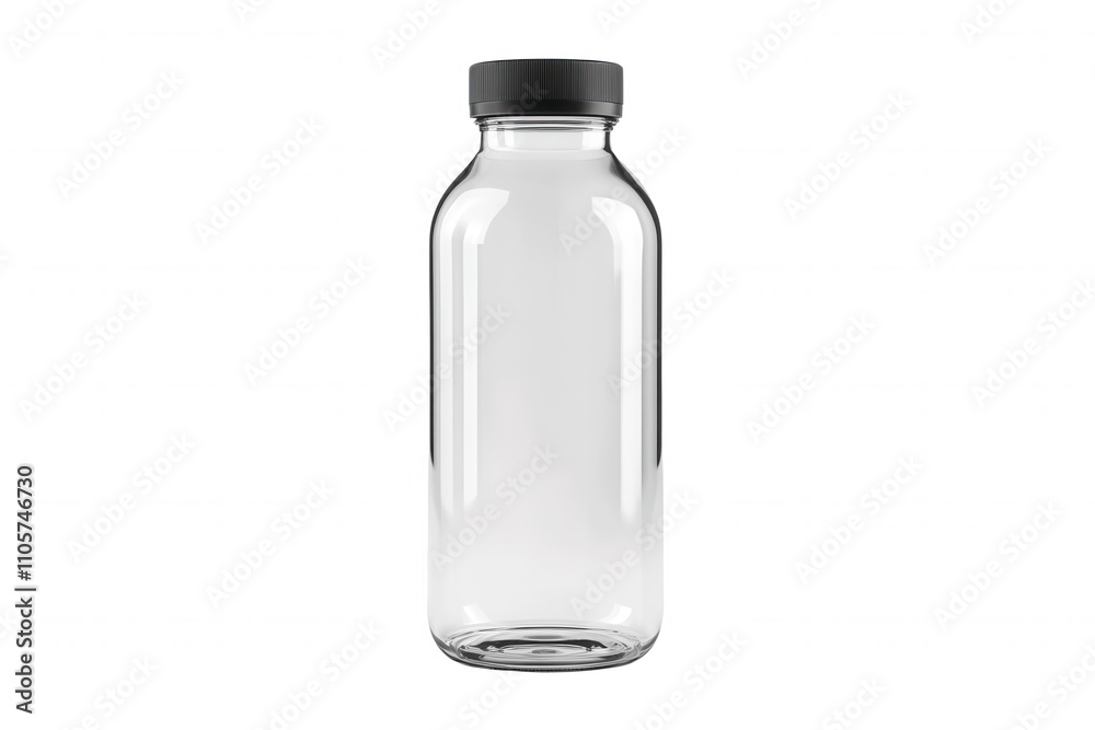 This clear glass bottle stands tall with a black screw cap, isolated against a neutral background. It is empty and transparent, showcasing its design and suitability for various liquids and uses in th This clear glass bottle stands tall with a black screw cap, isolated against a neutral background. It is empty and transparent, showcasing its design and suitability for various liquids and uses in th
