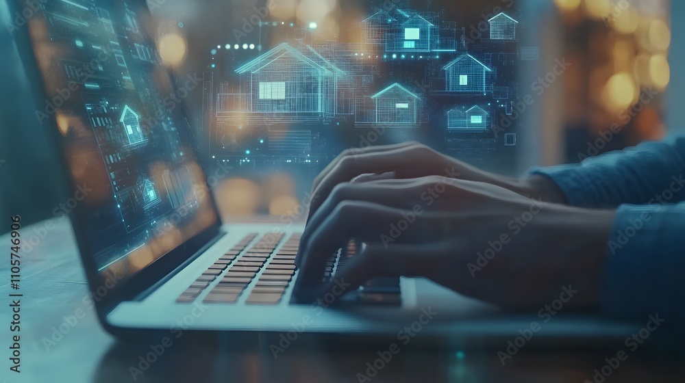 A digital collage of icons representing real estate marketing, such as houses and laptops, with hands typing on a keyboard in the foreground A digital collage of icons representing real estate marketing, such as houses and laptops, with hands typing on a keyboard in the foreground