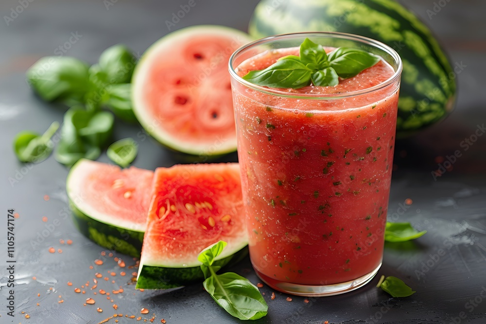 Refreshing Watermelon and Basil Smoothie in Glass with Fresh Slices Refreshing Watermelon and Basil Smoothie in Glass with Fresh Slices